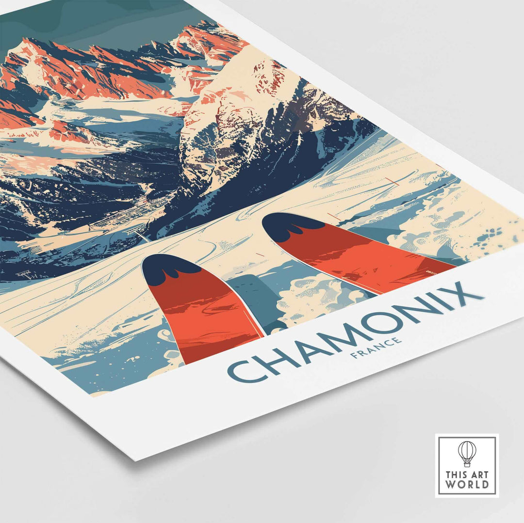 Chamonix wall art poster with ski-themed design showcasing snowy mountains and skis, perfect for luxury home decor.