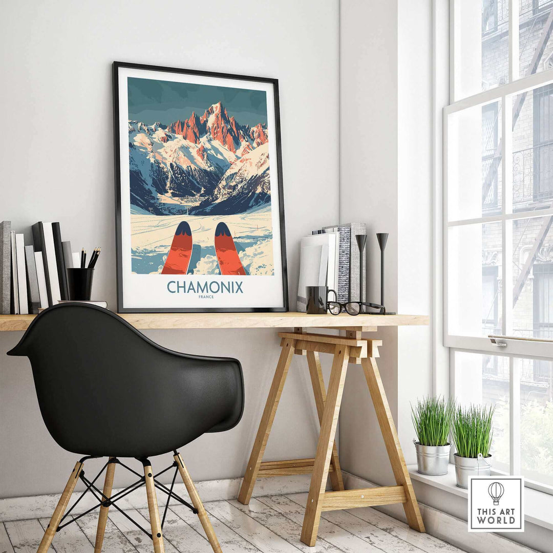 Chamonix wall art poster with ski-inspired design in modern home office setting, adding adventure and luxury to the décor.