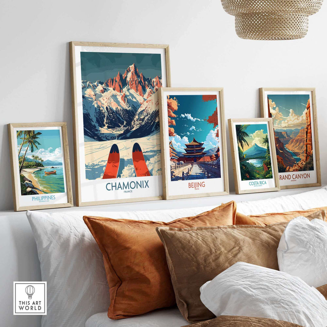 Chamonix wall art poster in cozy living room setting with additional travel-themed posters, enhancing home decor and adventure vibes.