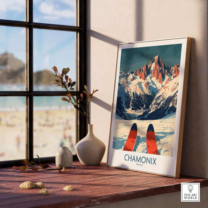 Chamonix Wall Art Poster with ski design on a windowsill, enhancing stylish home decor with scenic mountain views.