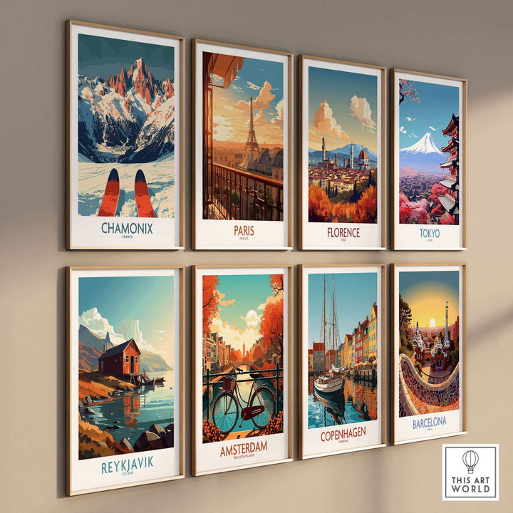 Wall art collection featuring posters of Chamonix, Paris, Florence, Tokyo, Reykjavik, Amsterdam, Copenhagen, and Barcelona.