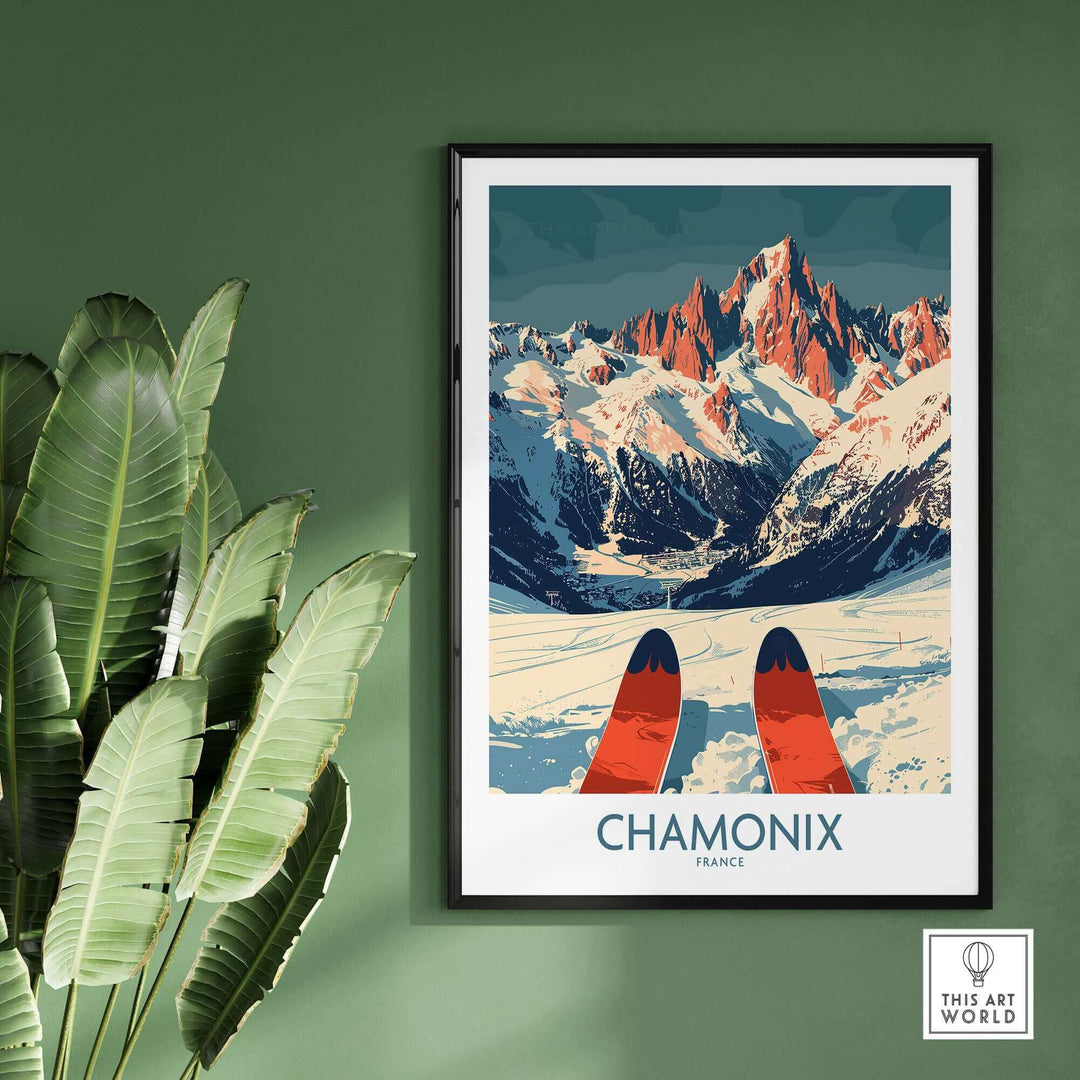 Chamonix Wall Art Poster featuring ski scene, enhancing home decor with luxury and adventure. Perfect for ski enthusiasts.