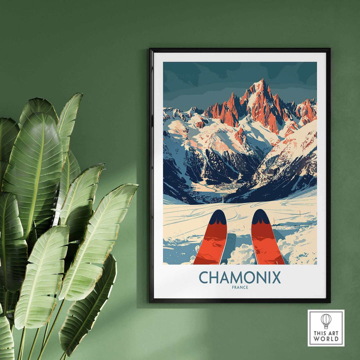 Chamonix Wall Art Poster featuring ski scene, enhancing home decor with luxury and adventure. Perfect for ski enthusiasts.