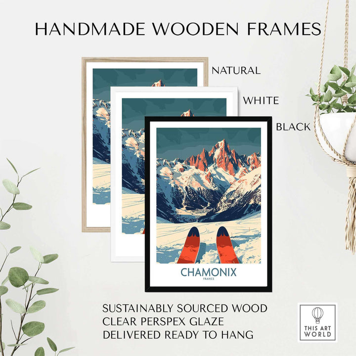 Chamonix Wall Art Poster in Handmade Wooden Frames with Ski-Inspired Design, Available in Natural, White, and Black, Ready to Hang.