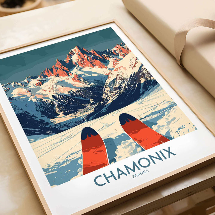 Ski-inspired Chamonix wall art poster showcasing snowy mountains and skis, perfect for luxury home decor.