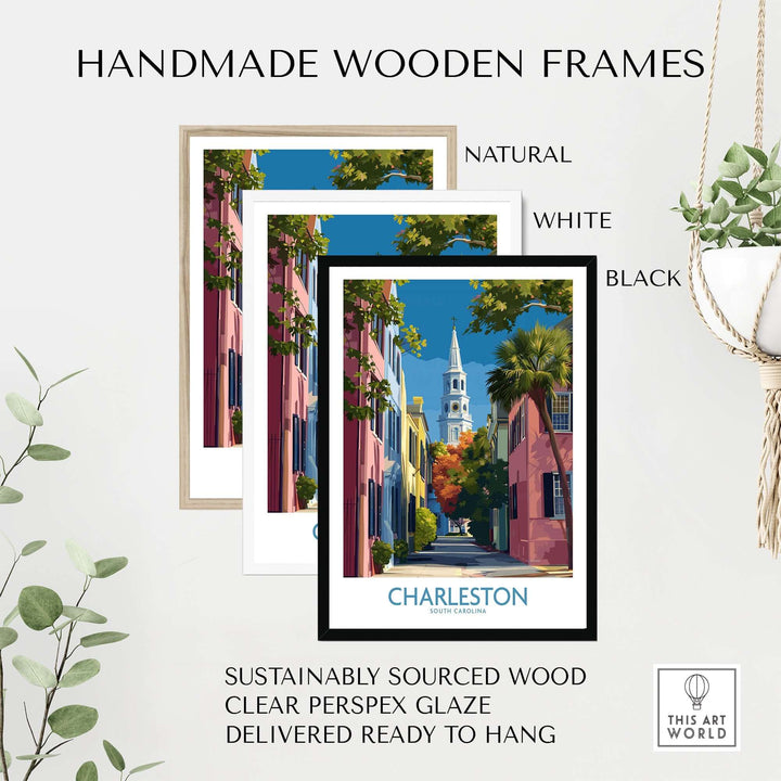 Charleston SC Rainbow Row Art Print | Historic City Street Poster framed in handmade wooden frames in natural, white, and black.