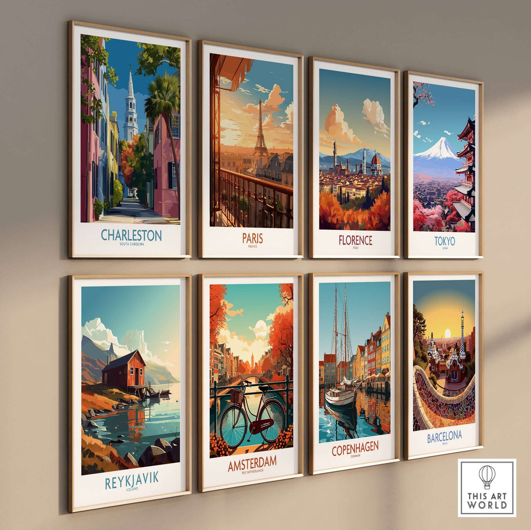 Charleston SC Rainbow Row Art Print | Historic City Street Poster wall display with travel art fragments.
