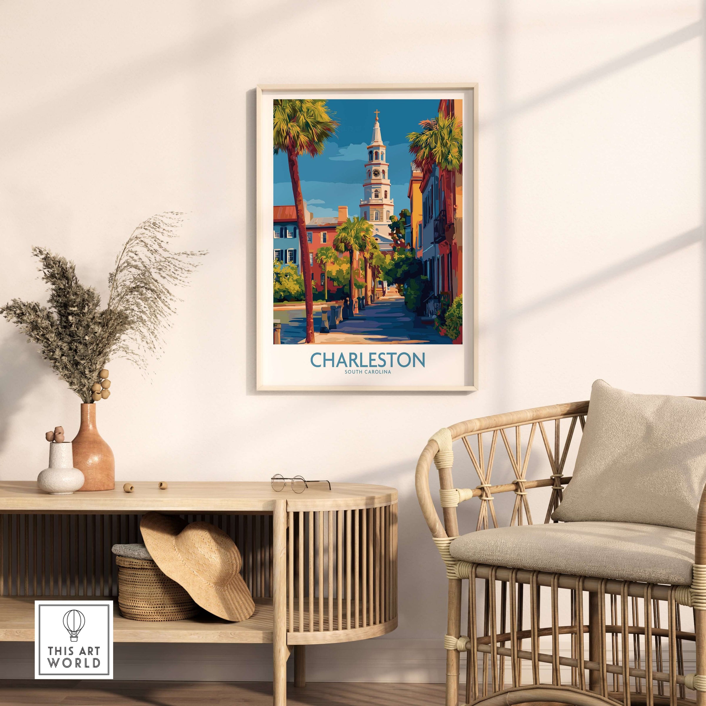 Charleston SC Art Print | Classic Southern City Poster displayed in a stylish interior, highlighting charming architecture.