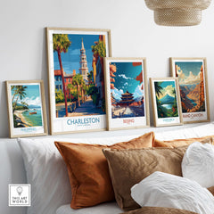 Charleston SC Art Print | Classic Southern City Poster showcased among multicultural art prints on a stylish wall display.