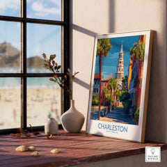 Charleston SC Art Print | Classic Southern City Poster showcasing historic architecture by the beach in a stylish home.