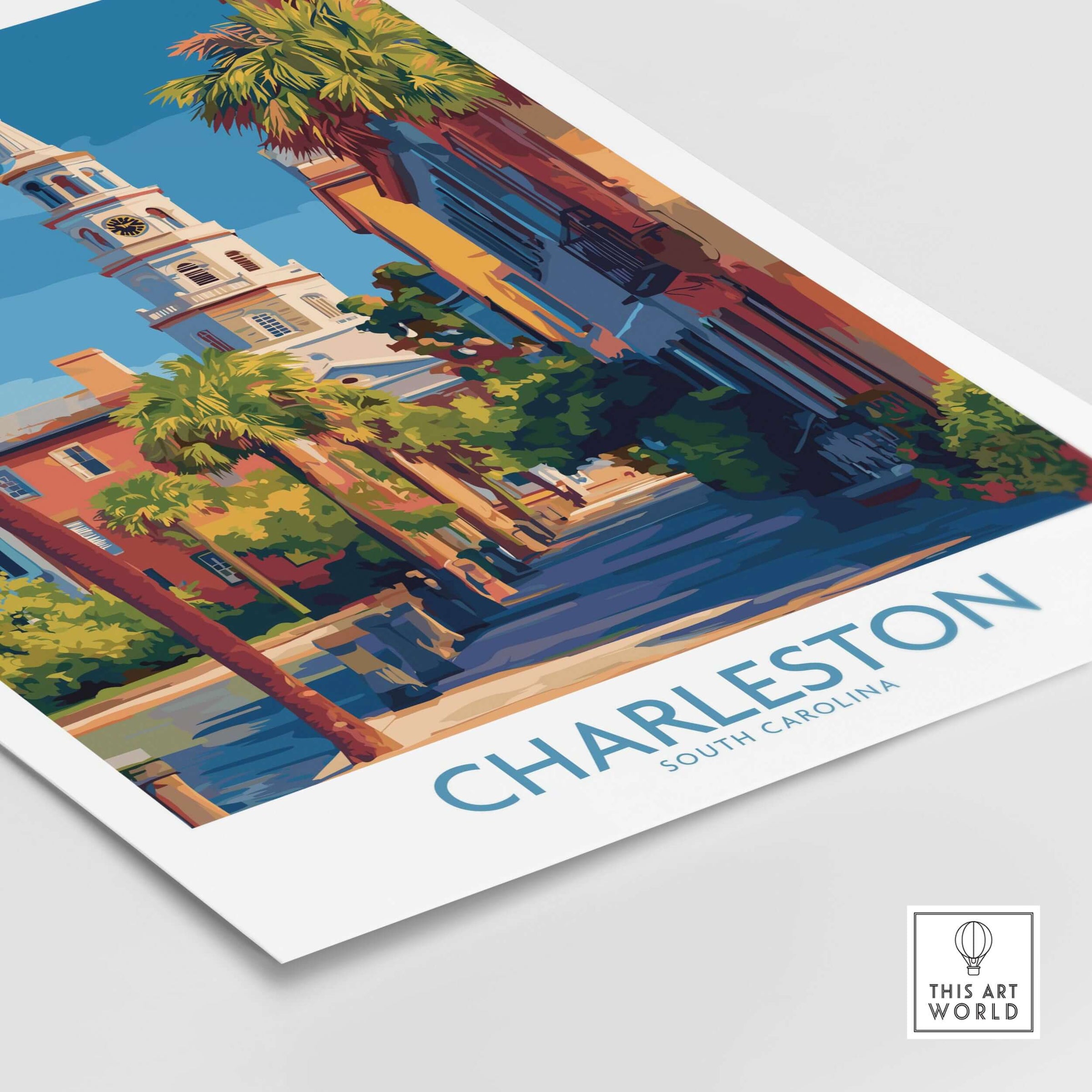 Charleston SC Art Print | Classic Southern City Poster featuring iconic architecture and lush palm trees in Charleston, South Carolina.