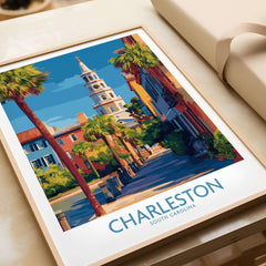 Charleston SC Art Print | Classic Southern City Poster featuring historic architecture and palm trees.