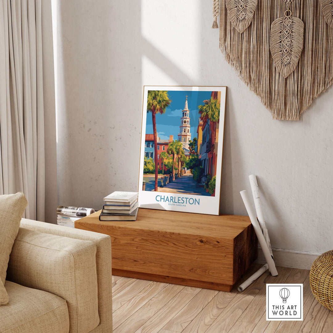 Charleston SC Art Print | Classic Southern City Poster displayed in a stylish living room setting.
