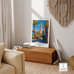 Charleston SC Art Print | Classic Southern City Poster displayed in a stylish home interior with palm trees.