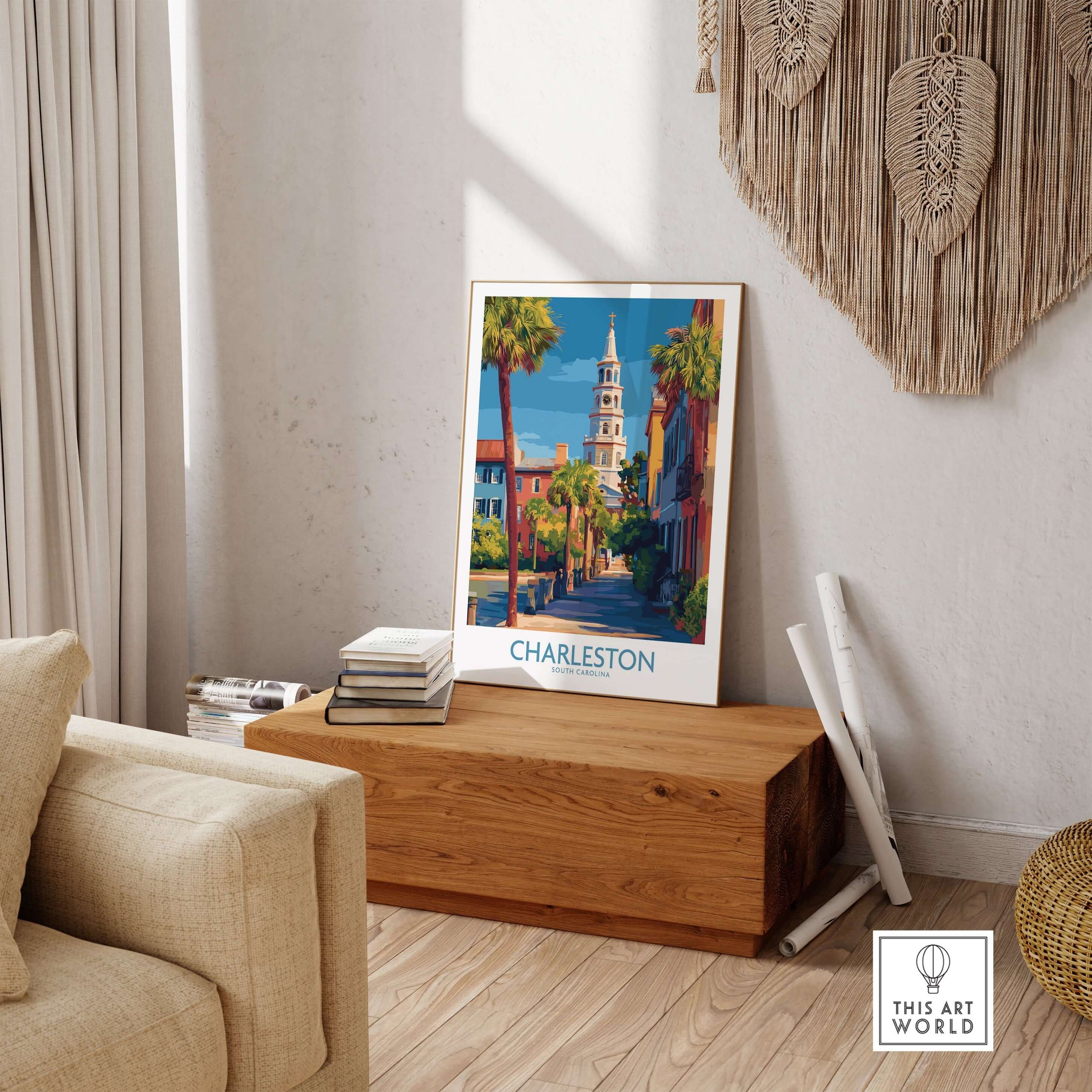 Charleston SC Art Print | Classic Southern City Poster displayed in a stylish home interior with palm trees.