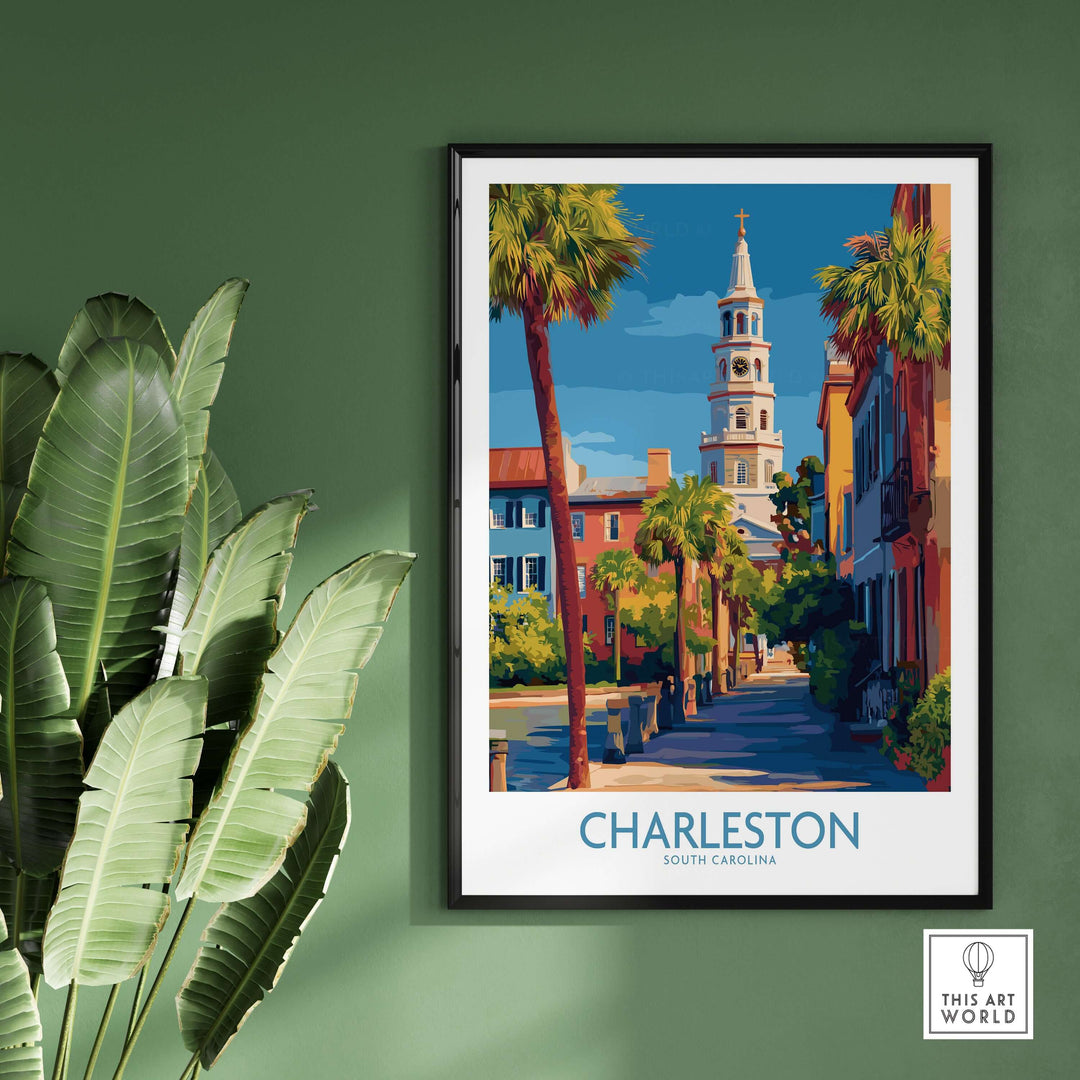 Charleston SC Art Print | Classic Southern City Poster featuring historic architecture and palm trees.