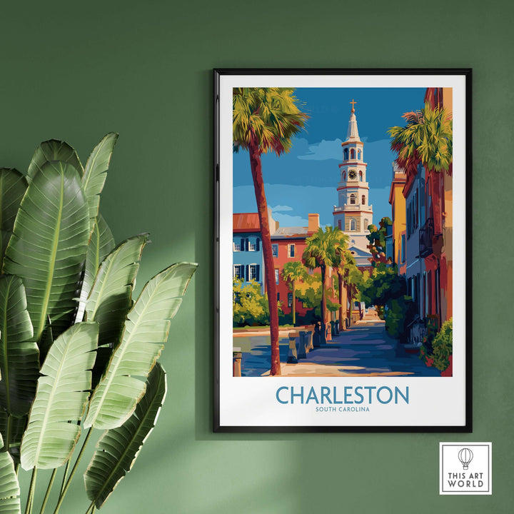 Charleston SC Art Print | Classic Southern City Poster featuring historic architecture and palm trees.