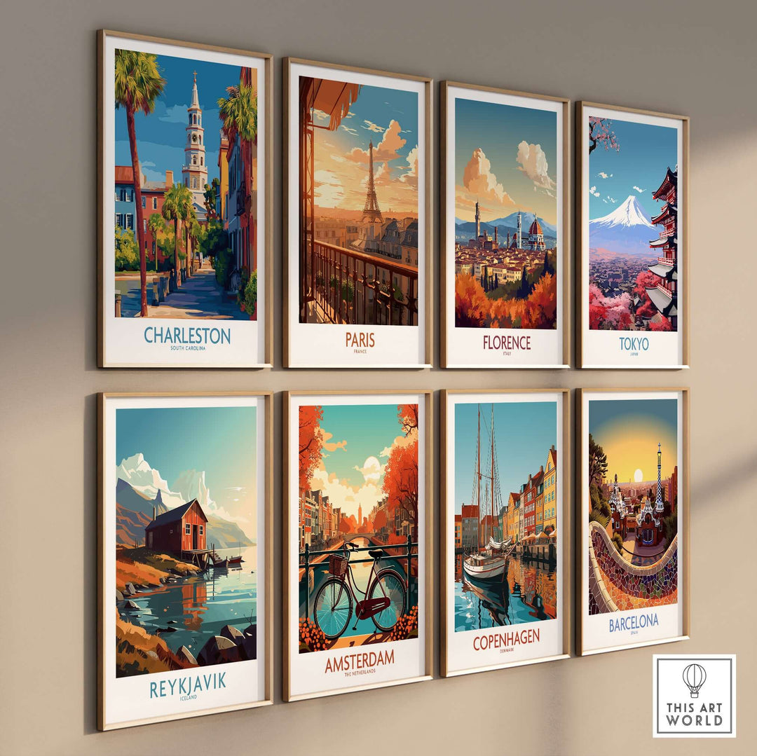 Charleston SC Art Print | Classic Southern City Poster displayed among other city art prints