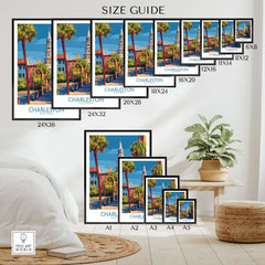 Charleston SC Art Print | Classic Southern City Poster size guide showcasing various art print dimensions.