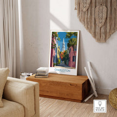 Charleston SC Rainbow Row Art Print | Historic City Street Poster displayed in a cozy living room setting.