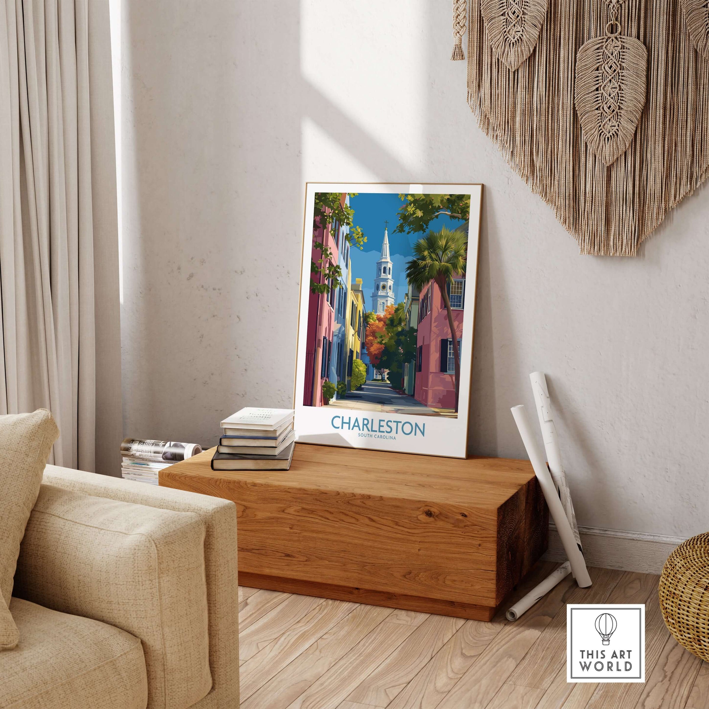 Charleston SC Rainbow Row Art Print | Historic City Street Poster displayed in a cozy living room setting.