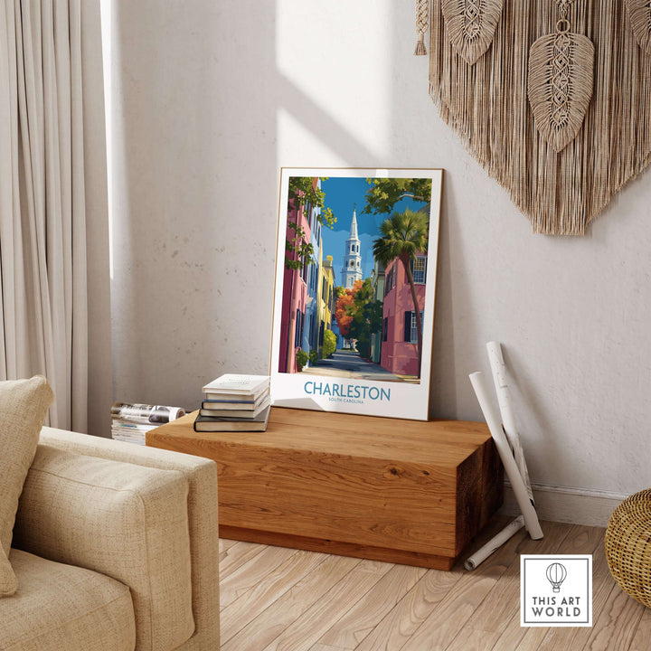 Charleston SC Rainbow Row Art Print | Historic City Street Poster displayed in a stylish interior setting.