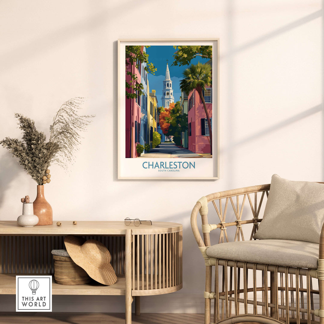 Charleston SC Rainbow Row Art Print | Historic City Street Poster framed on wall in stylish living room setting.
