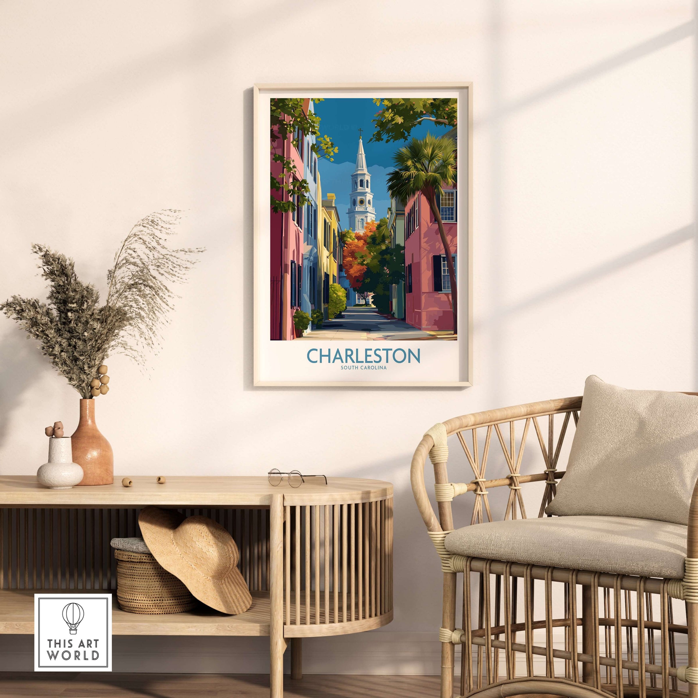 Charleston SC Rainbow Row Art Print | Historic City Street Poster displayed in a stylish living room setting.