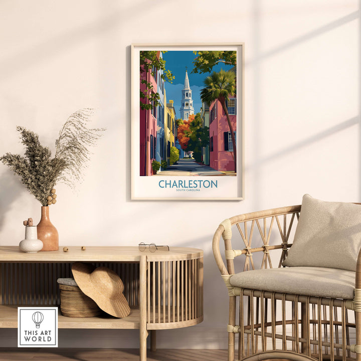 Charleston SC Rainbow Row Art Print | Historic City Street Poster framed on wall in stylish living room setting.