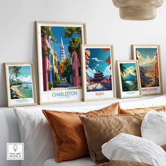 Charleston SC Rainbow Row Art Print | Historic City Street Poster displayed among other art prints on a stylish wall.