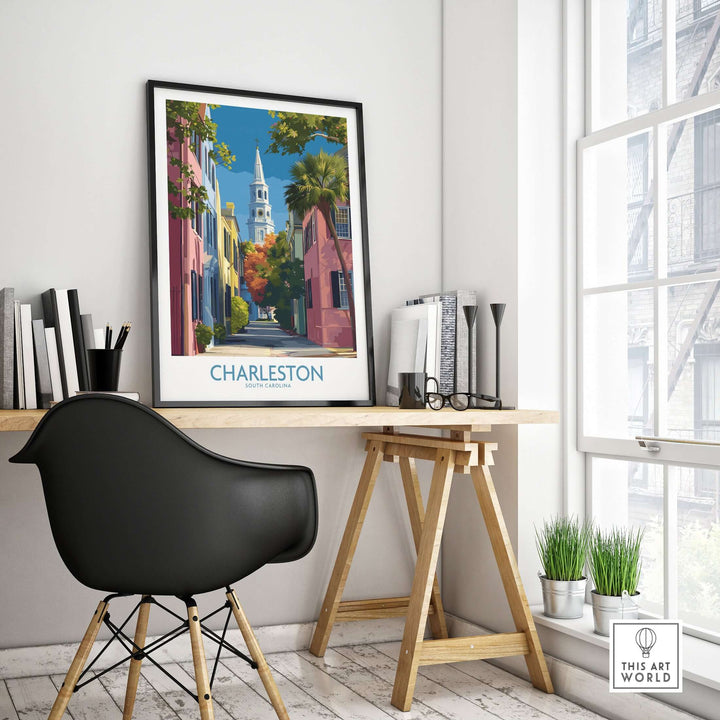 Charleston SC Rainbow Row Art Print | Historic City Street Poster in a modern interior setting with stylish decor.
