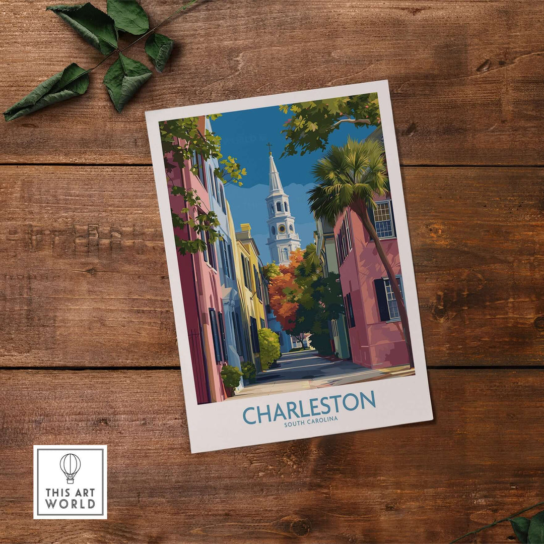Charleston SC Rainbow Row Art Print | Historic City Street Poster featuring colorful homes and a church steeple.