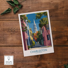 Charleston SC Rainbow Row Art Print | Historic City Street Poster showcasing pastel homes and a historic steeple.