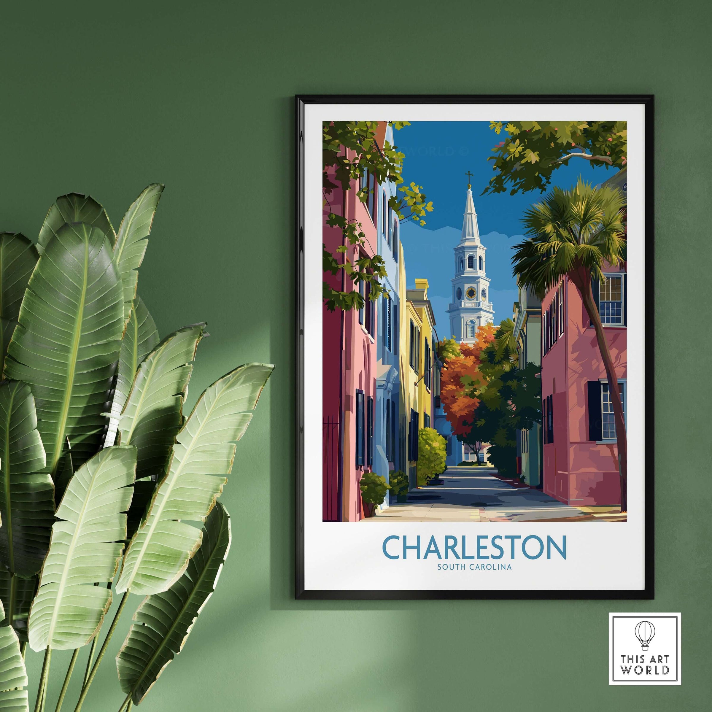 Charleston SC Rainbow Row Art Print | Historic City Street Poster showcasing vibrant architecture and historic streets.