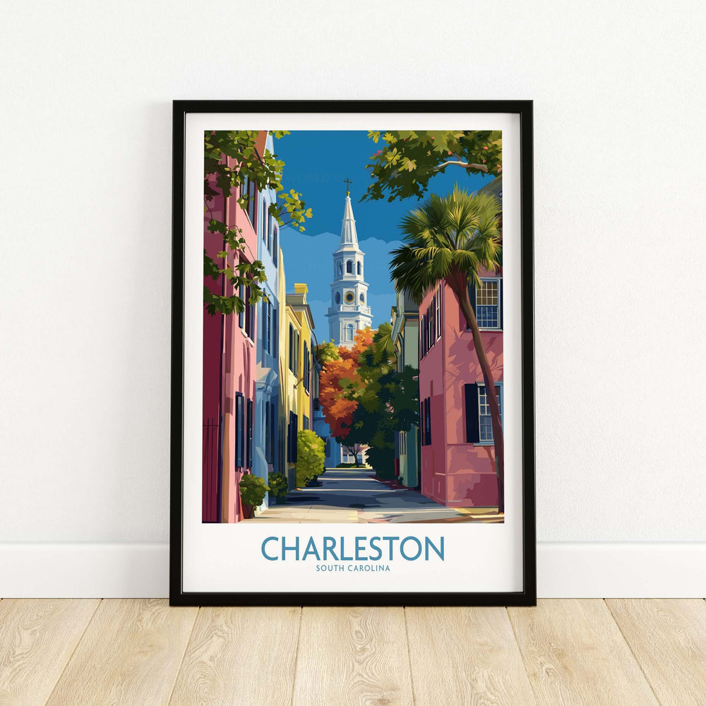 Charleston SC Rainbow Row Art Print | Historic City Street Poster featuring pastel homes and historic architecture.