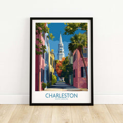 Charleston SC Rainbow Row Art Print | Historic City Street Poster framed art print featuring pastel homes and a church steeple.
