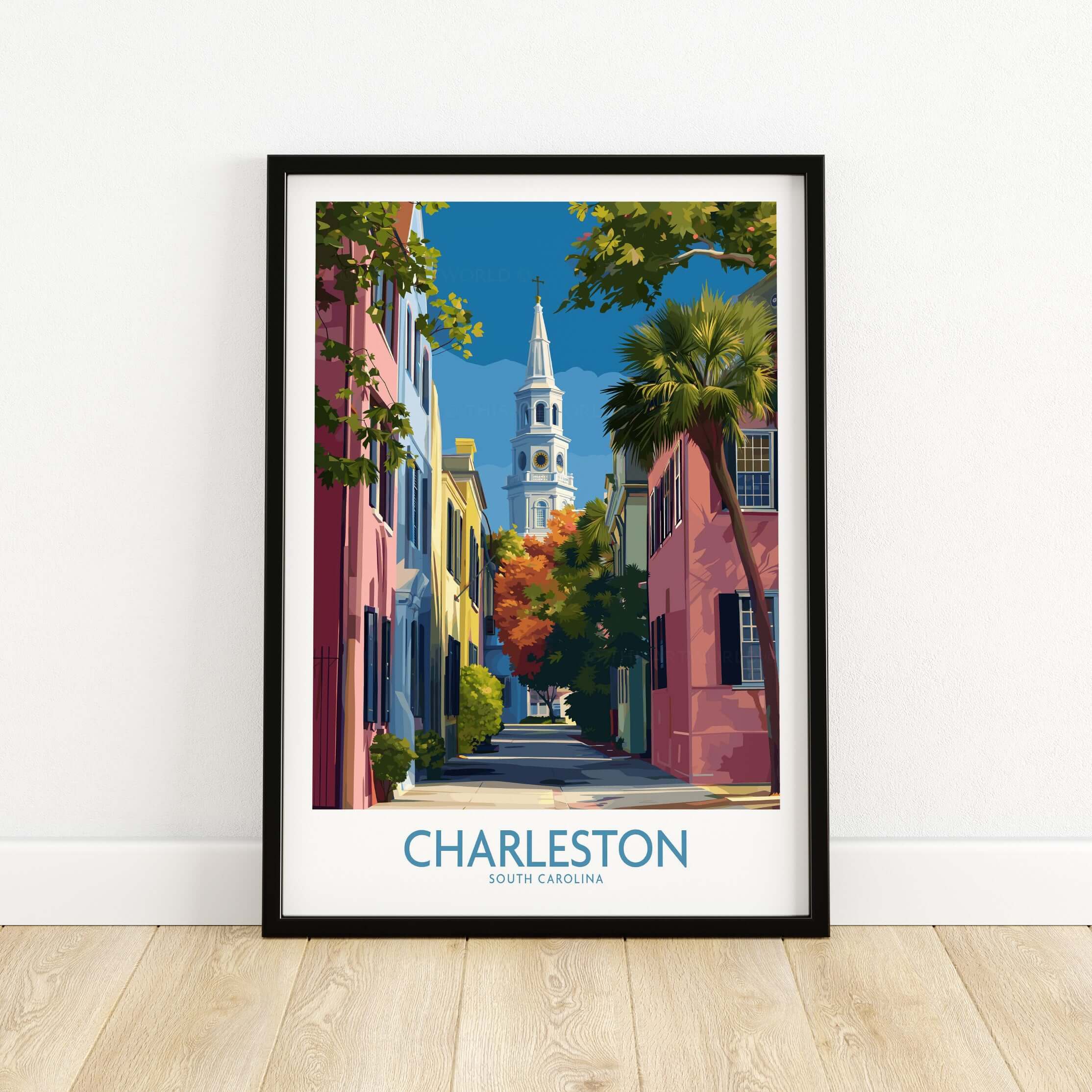 Charleston SC Rainbow Row Art Print | Historic City Street Poster framed art print featuring pastel homes and a church steeple.