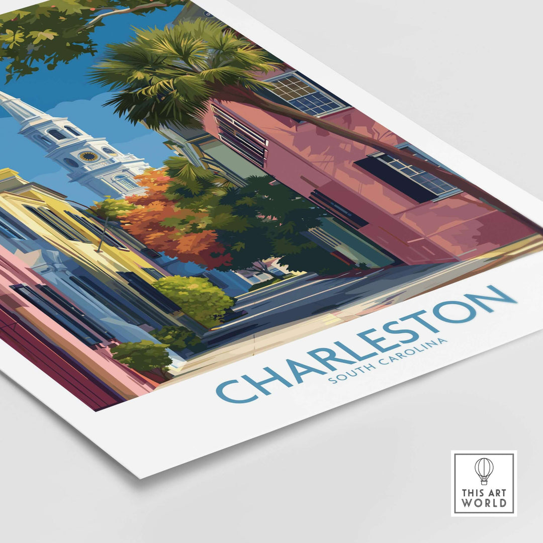Charleston SC Rainbow Row Art Print | Historic City Street Poster showcasing colorful historic buildings and palm trees.
