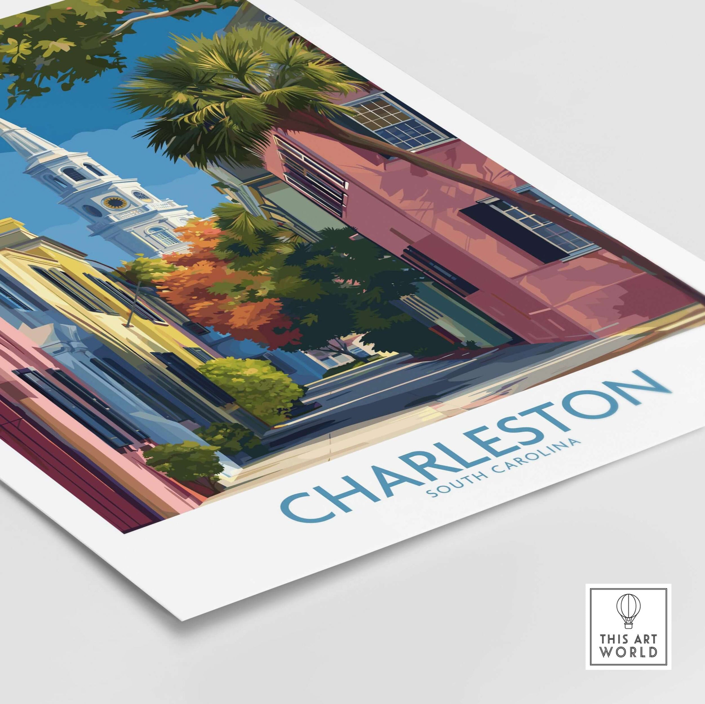 Charleston SC Rainbow Row Art Print | Historic City Street Poster featuring vibrant pastel homes and palm trees.