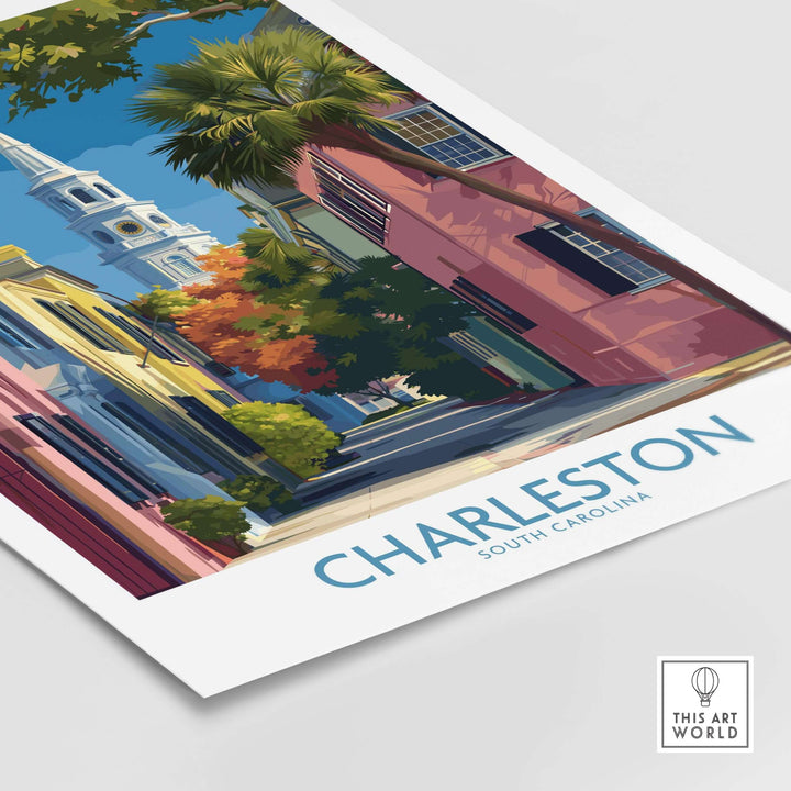 Charleston SC Rainbow Row Art Print | Historic City Street Poster showcasing colorful historic buildings and palm trees.