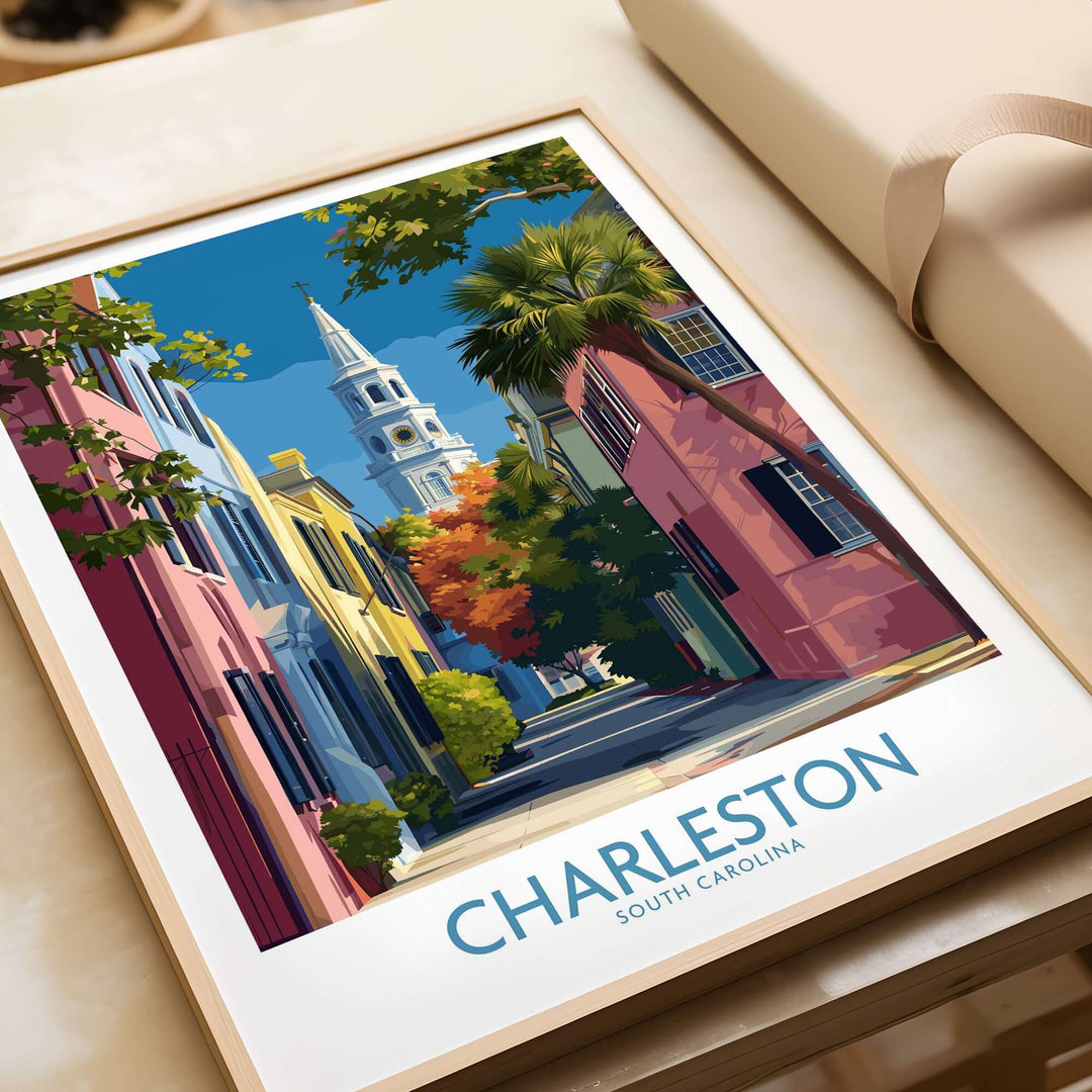 Charleston SC Rainbow Row Art Print | Historic City Street Poster featuring colorful homes and a historic steeple.