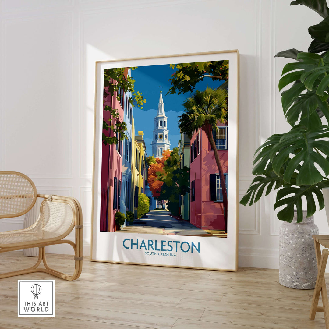 Charleston SC Rainbow Row Art Print | Historic City Street Poster displayed in a bright, modern interior with greenery.