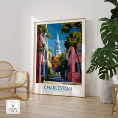 Charleston SC Rainbow Row Art Print | Historic City Street Poster showcasing vibrant pastel homes and historic architecture.