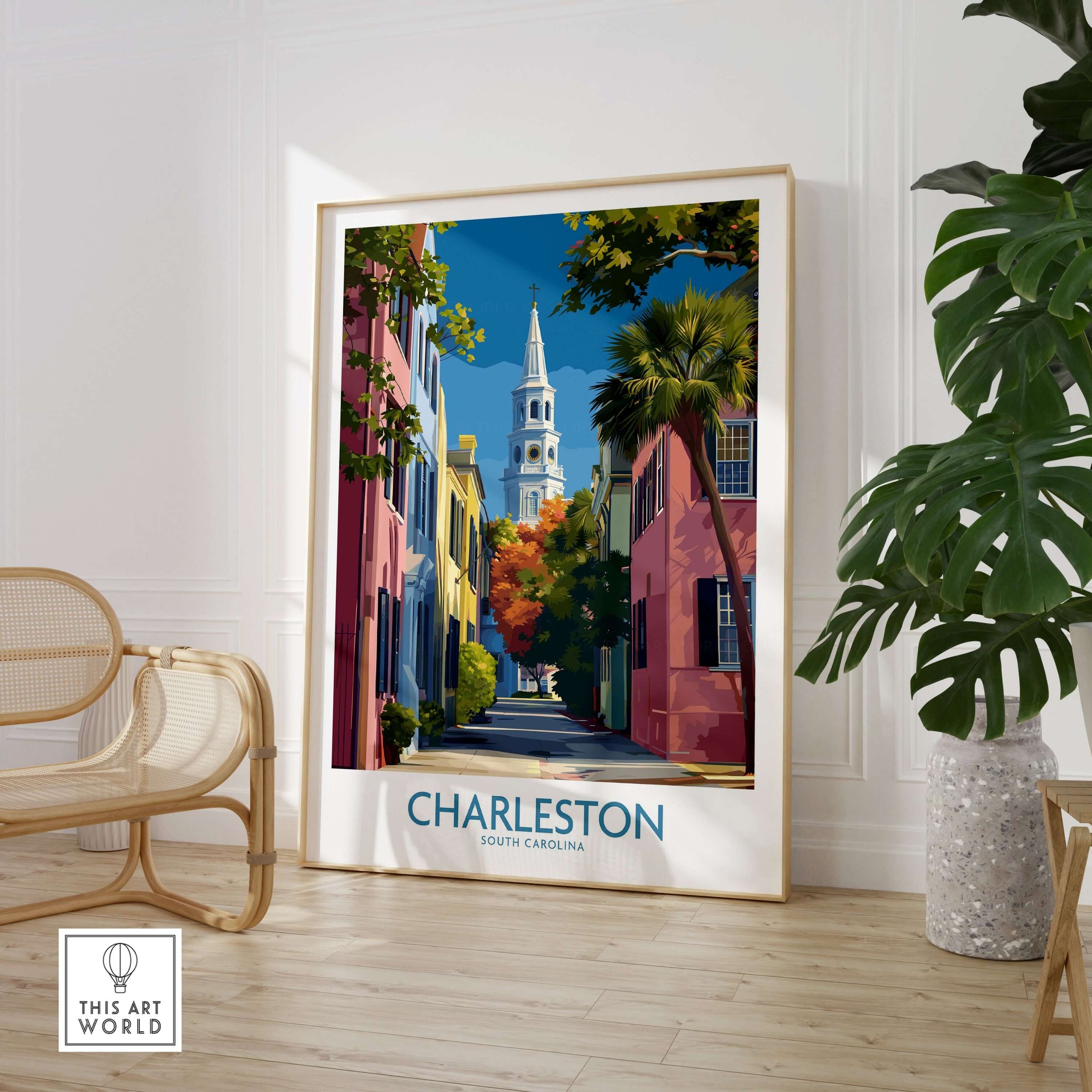 Charleston SC Rainbow Row Art Print | Historic City Street Poster showcasing vibrant pastel homes and historic architecture.