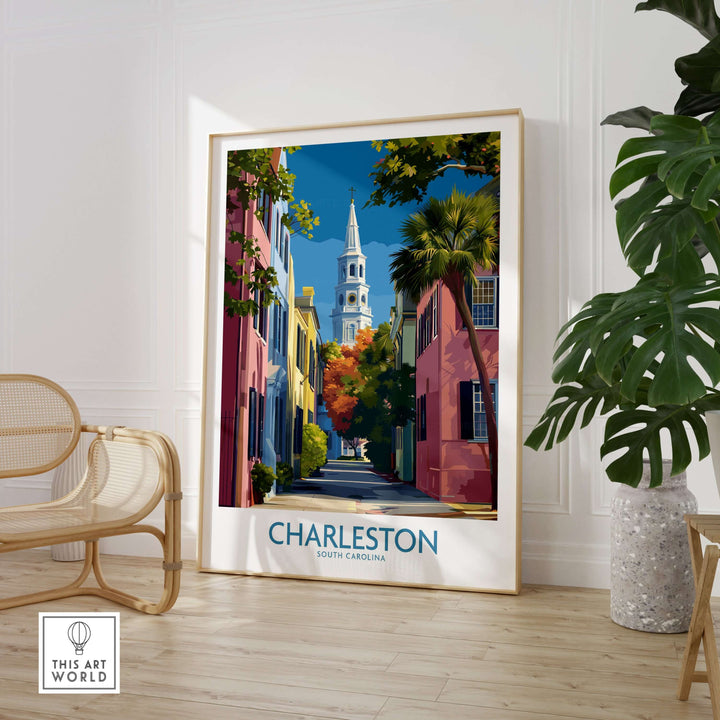 Charleston SC Rainbow Row Art Print | Historic City Street Poster displayed in a bright, modern interior with greenery.