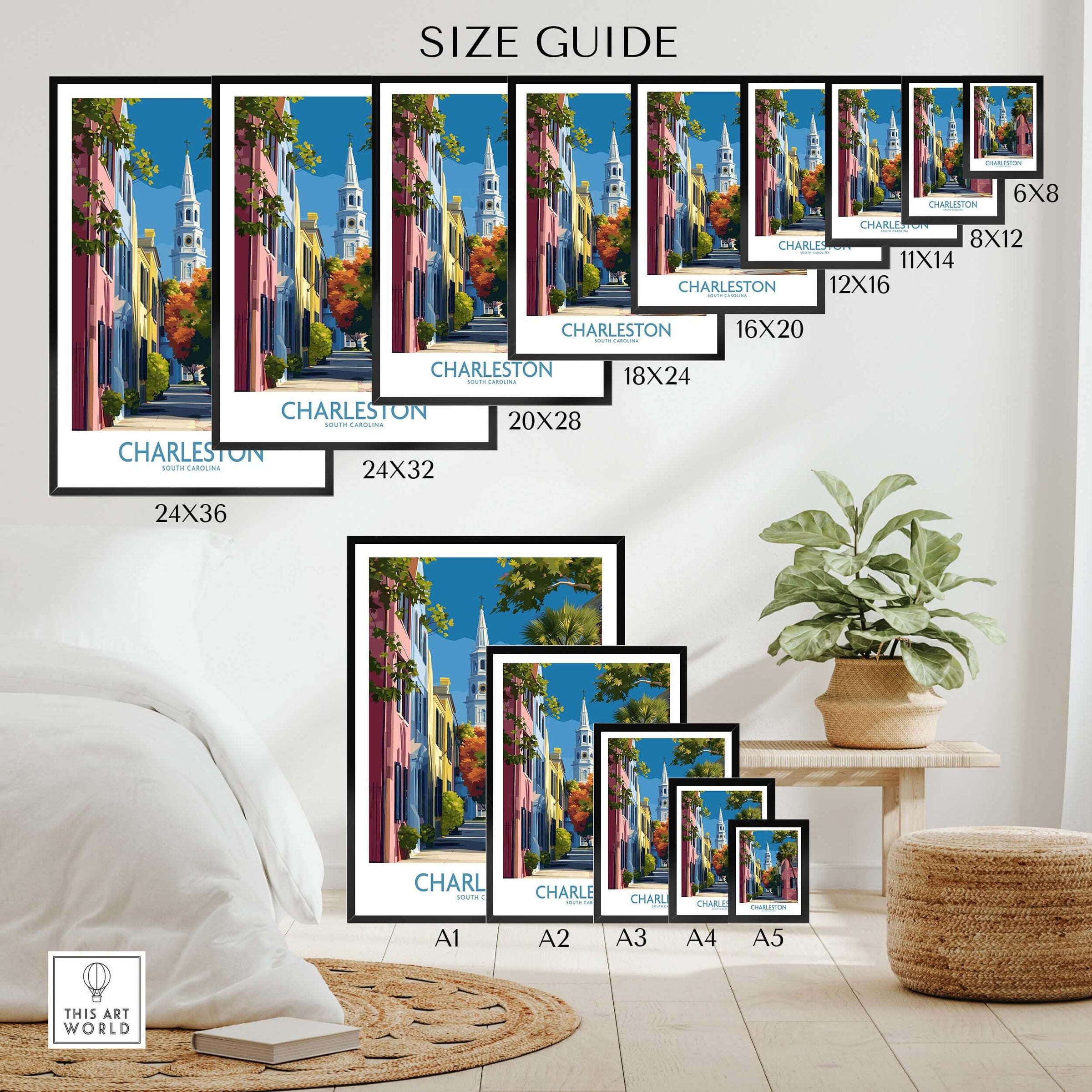 Charleston SC Rainbow Row Art Print | Historic City Street Poster Size Guide displaying various frame sizes.