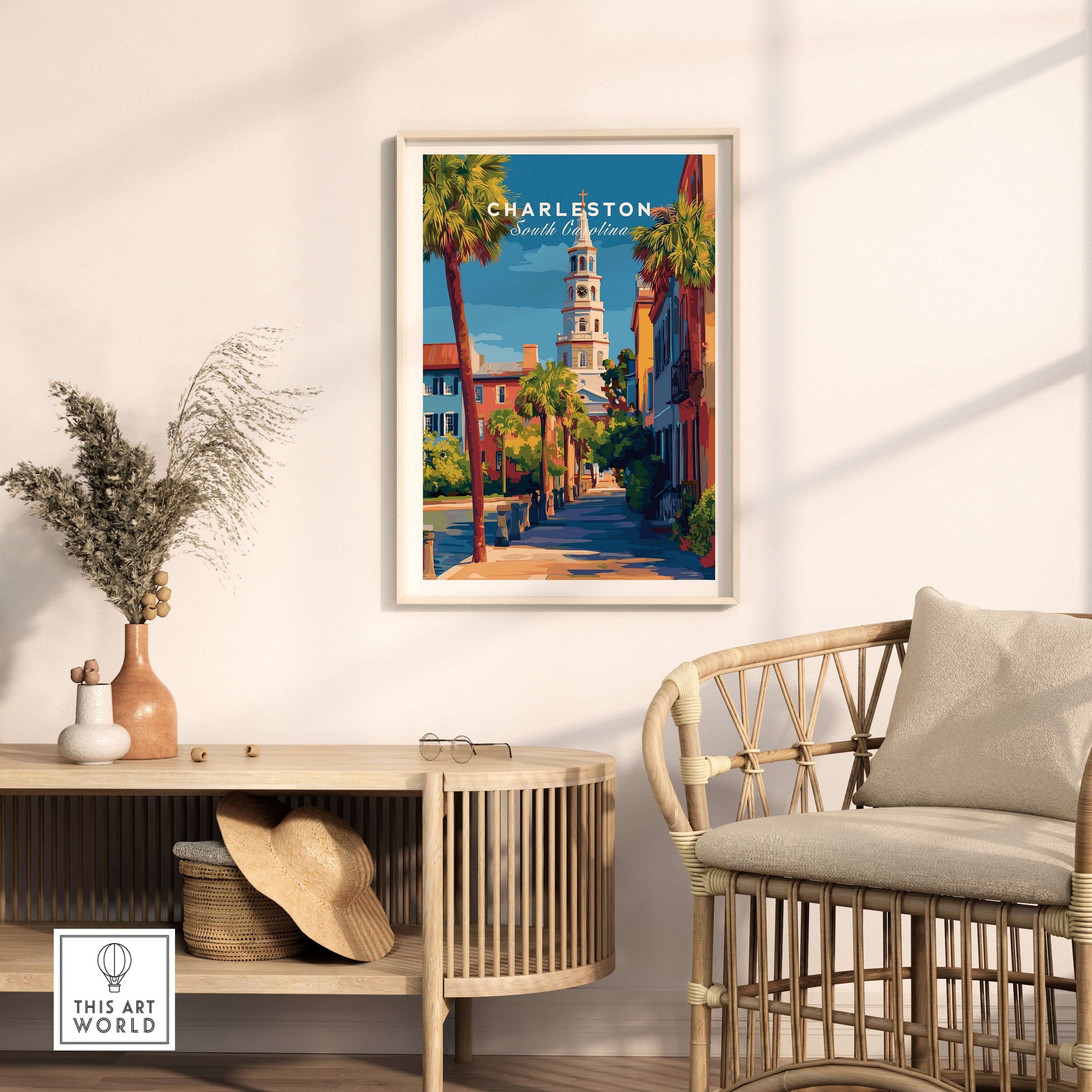 Charleston St. Michael's Church View Print | South Carolina Wall Art displayed in a cozy living room setting.