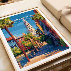 Charleston St. Michael's Church View Print | South Carolina Wall Art featuring vibrant street scene and iconic architecture.