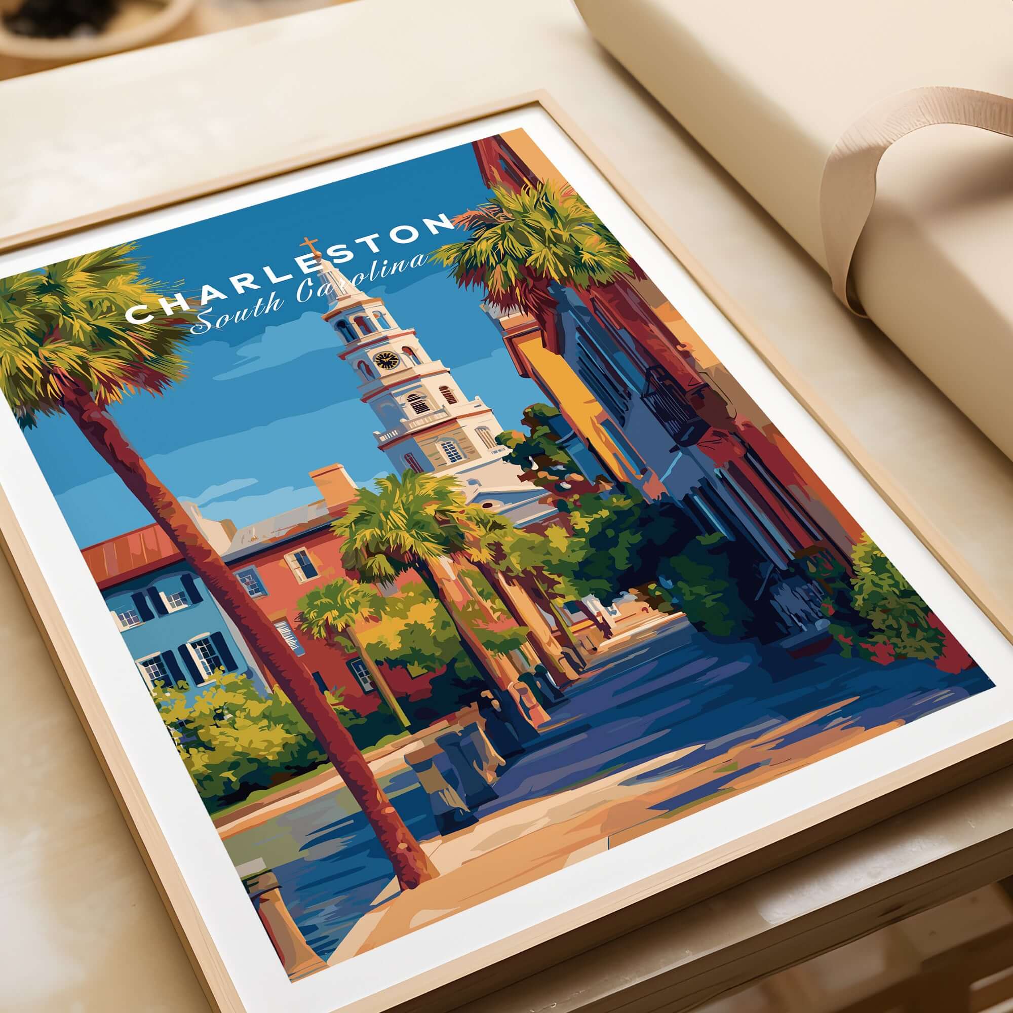 Charleston St. Michael's Church View Print | South Carolina Wall Art featuring vibrant street scene and iconic architecture.