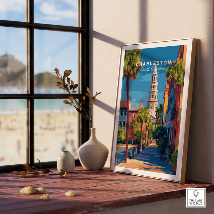 Charleston St. Michael's Church View Print | South Carolina Wall Art displayed in a bright interior setting with beach view.